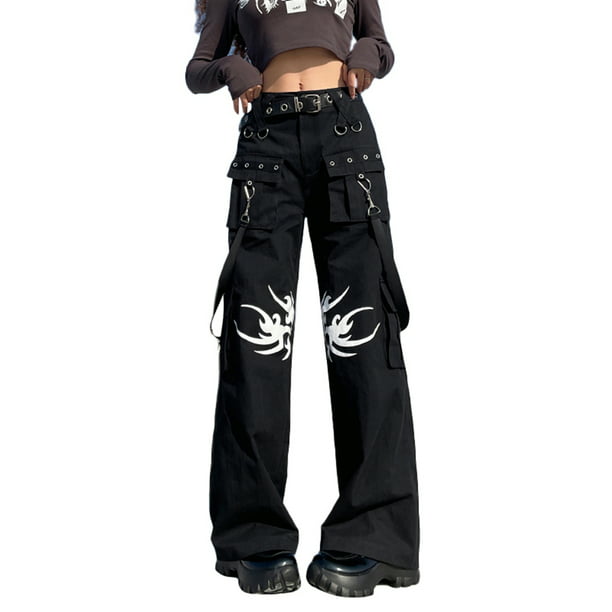 High Rise Womens Gothic Cargo Jogger Pants Strap Hip Hop Ankle Trousers Fashion